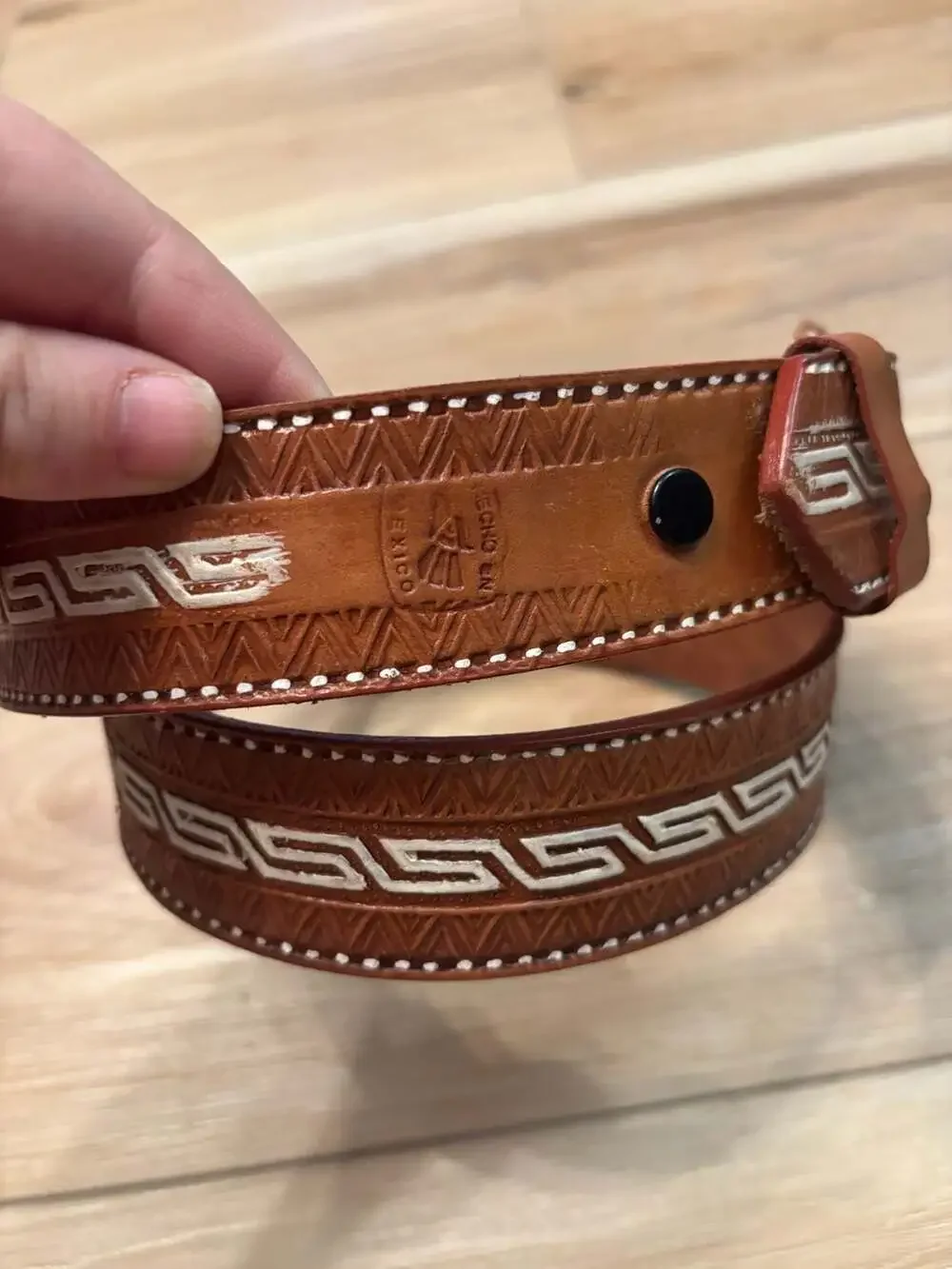 Handmade Mexican Leather Western Belt with Greek Key Embroidery